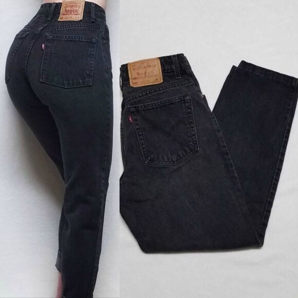 𝅺VINTAGE 1996 Levi's 550 Black Cropped High Rise Relaxed Tapered Denim Jeans 6/8 - Picture 1 of 11